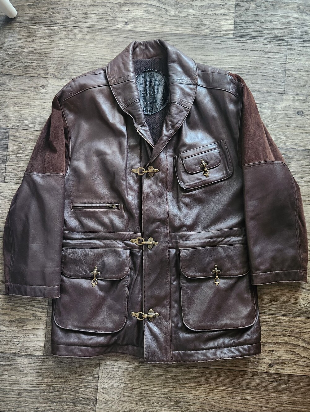 Serra By Torras Men's Dark Brown Leather Suede Toggle Fireman Clasp Coat Size XL